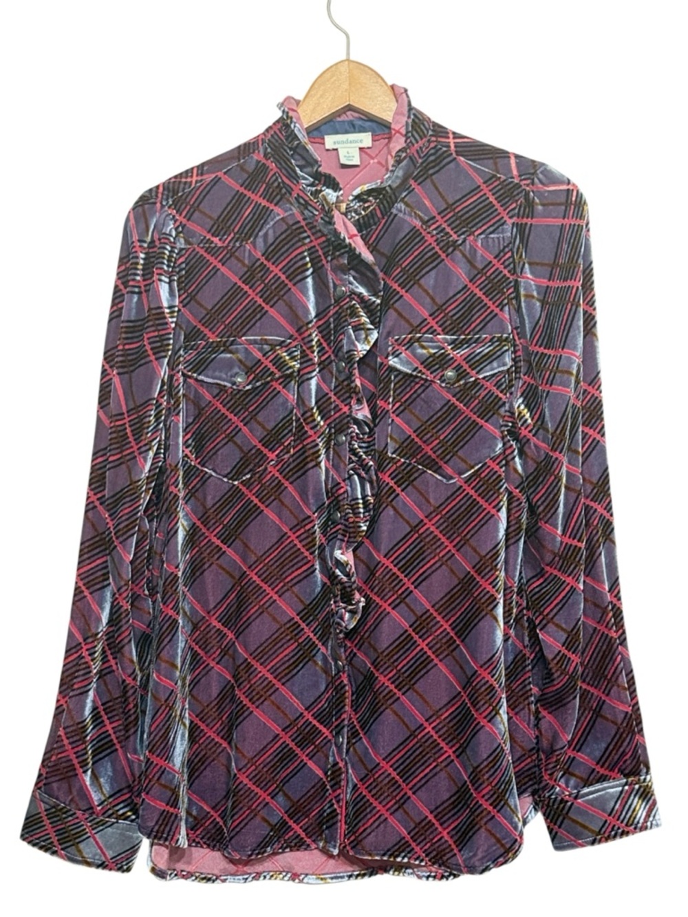 Sundance Velvet Burnout Plaid Blouse Large Viscose Silk Blend Ruffle